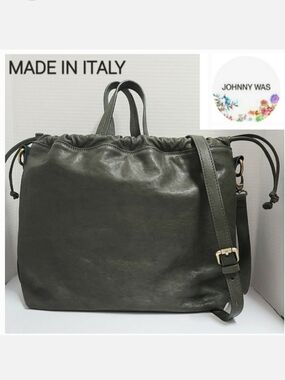 Johnny Was Deep Sage Green Cinch Pouch Italian Leather Crossbody Bag